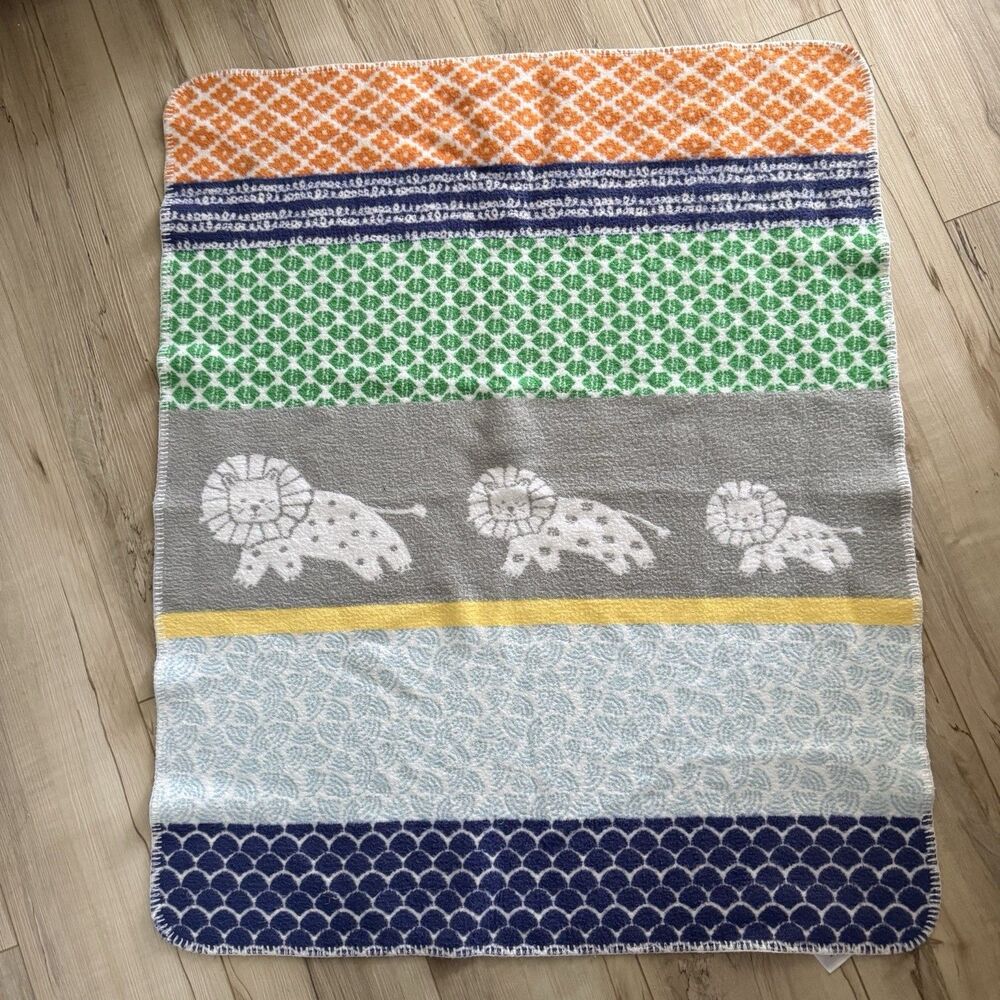 Pottery Barn Baby Blanket Sweater Boy Lion 30 x 40 orange blue gray 2017